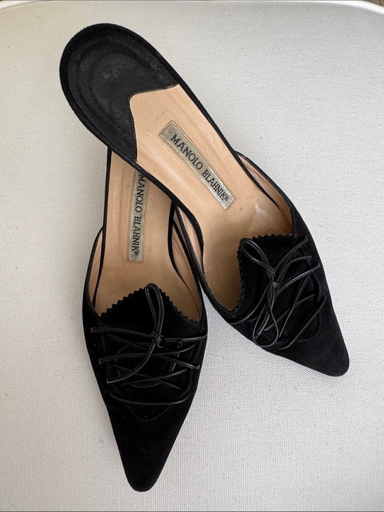 Manolo Blahnik Shoes - Manolo Blahnik Black Suede Lace Up Pointed Toe Kitten Heel Mules Y2K